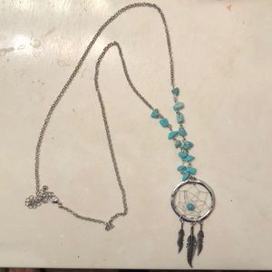 long silver chain turquoise dreamcatcher necklace